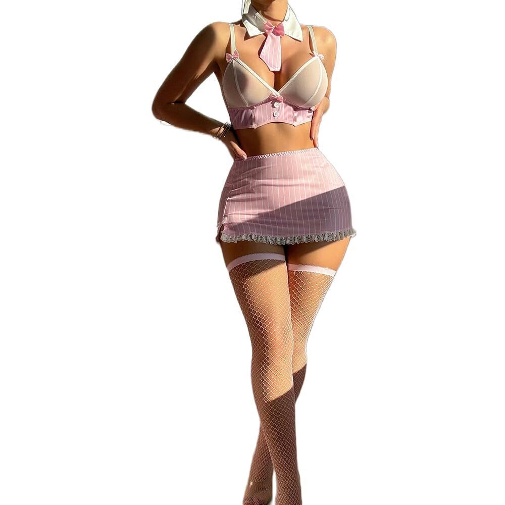 1248 Sexy Lace Patchwork Striped Bodycon Skirt Lingerie With Necktie